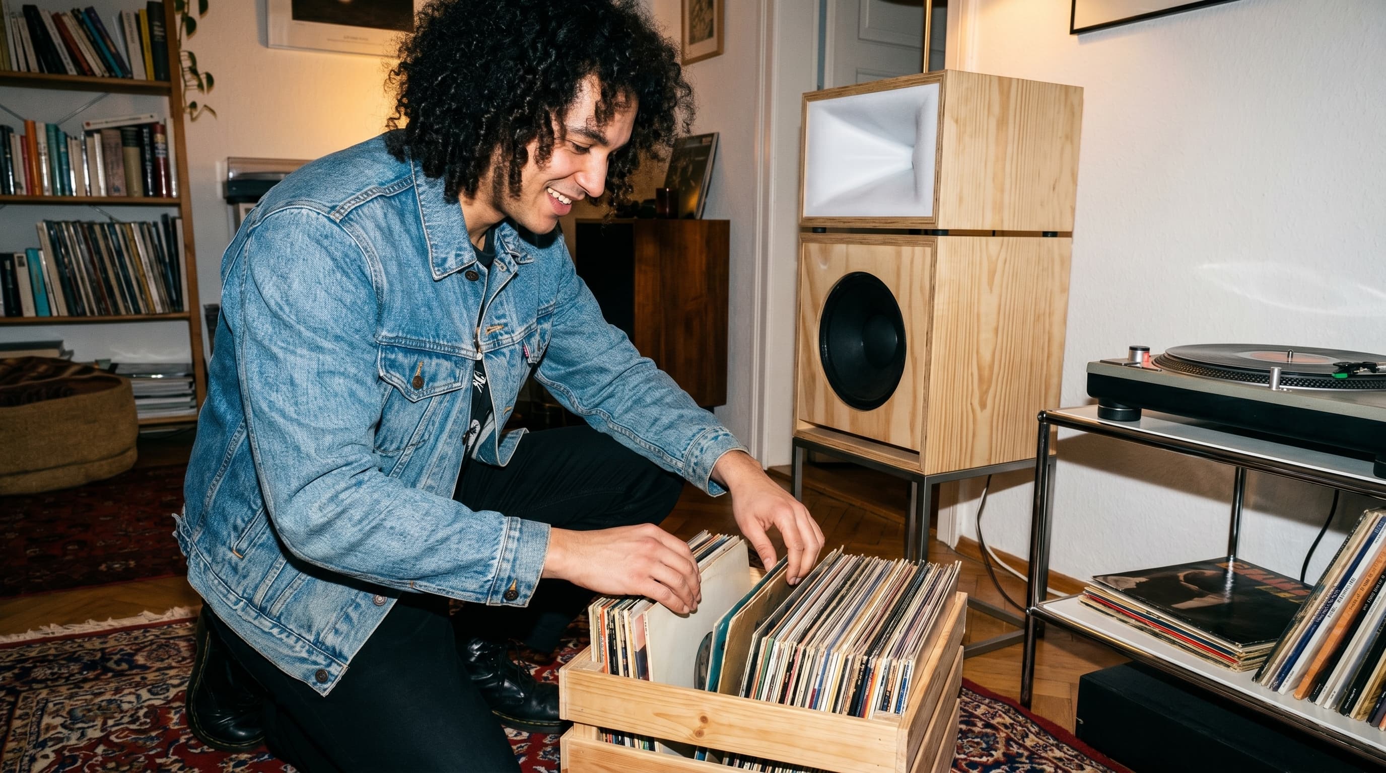 The founder at home with a crate of records