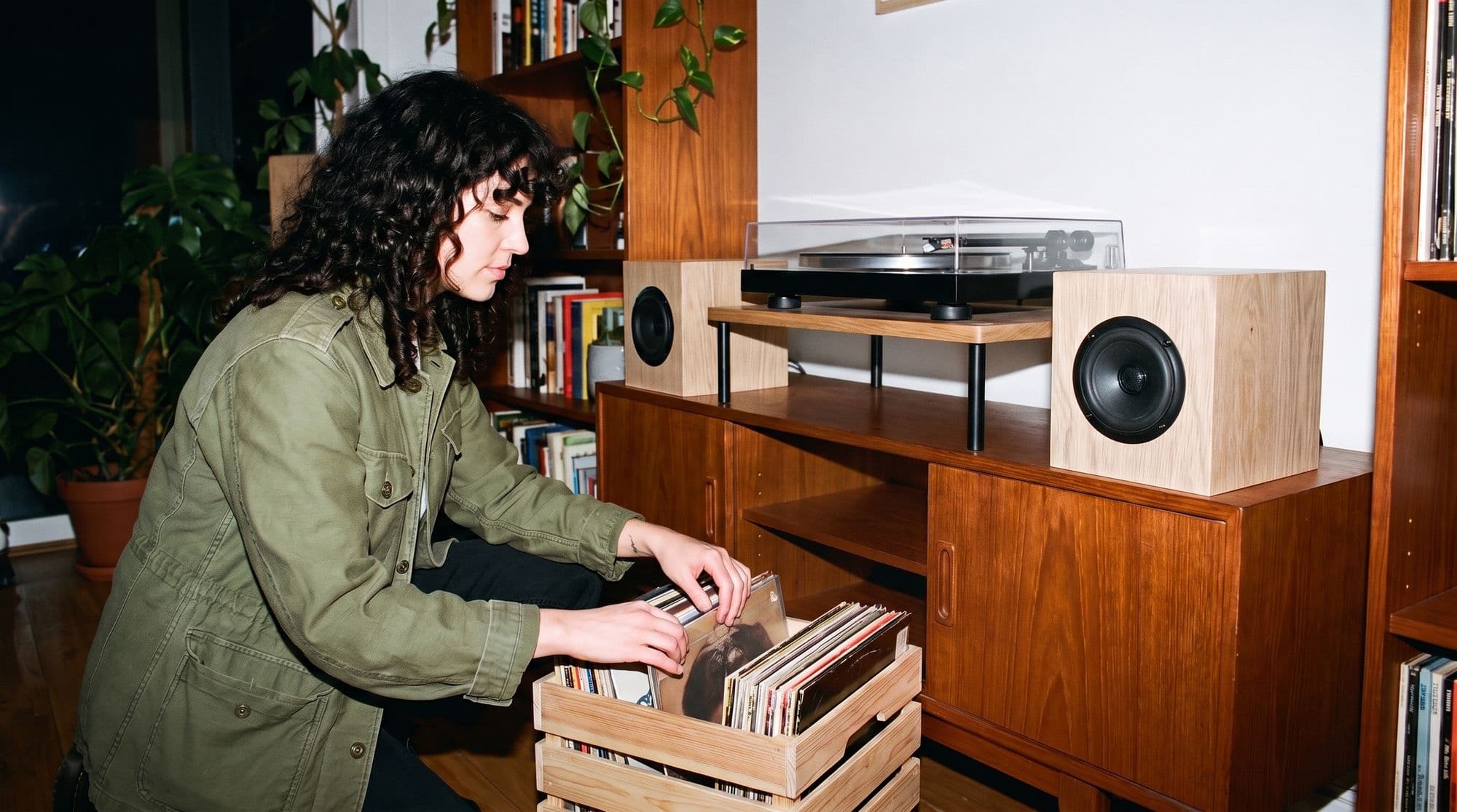 A pair of Cubes either side of a record crate