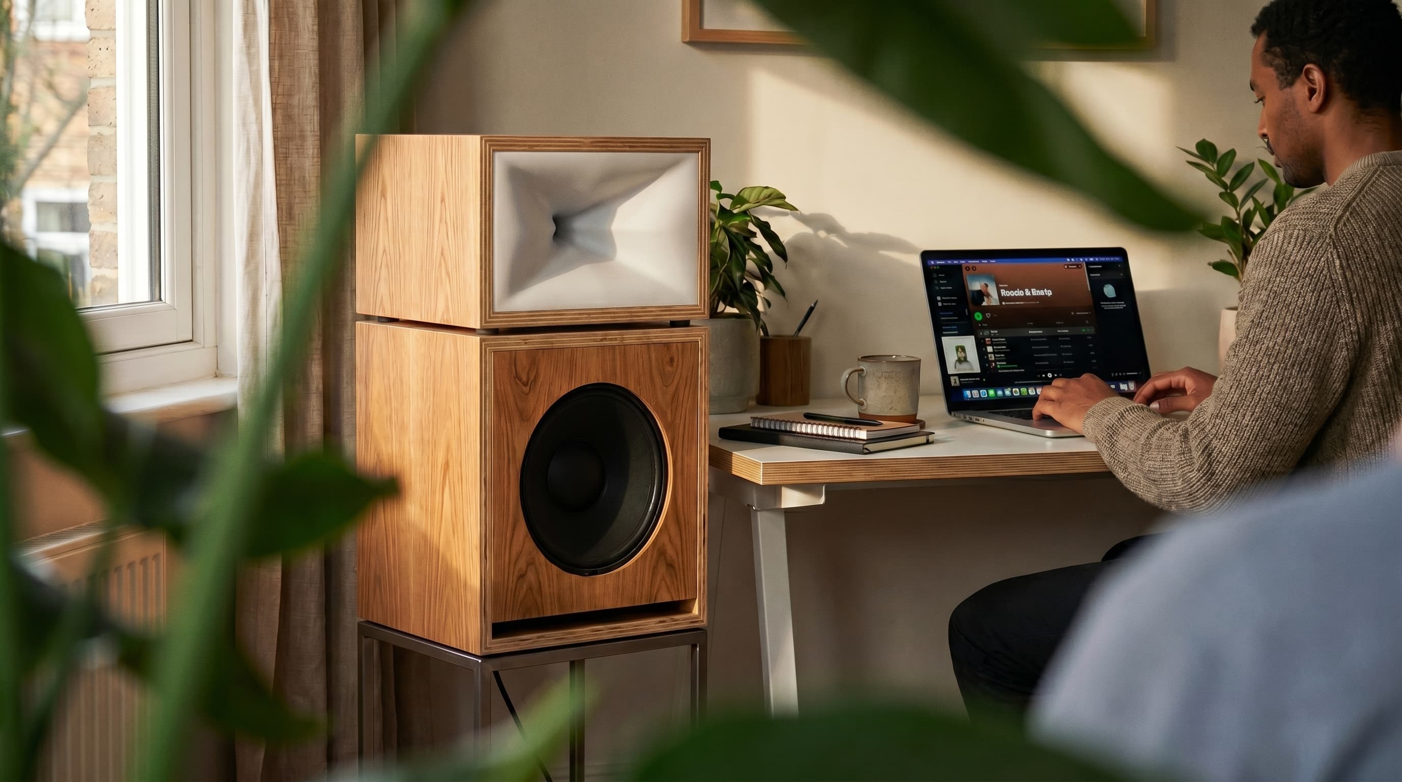 Streaming from a laptop into a horn speaker at a desk