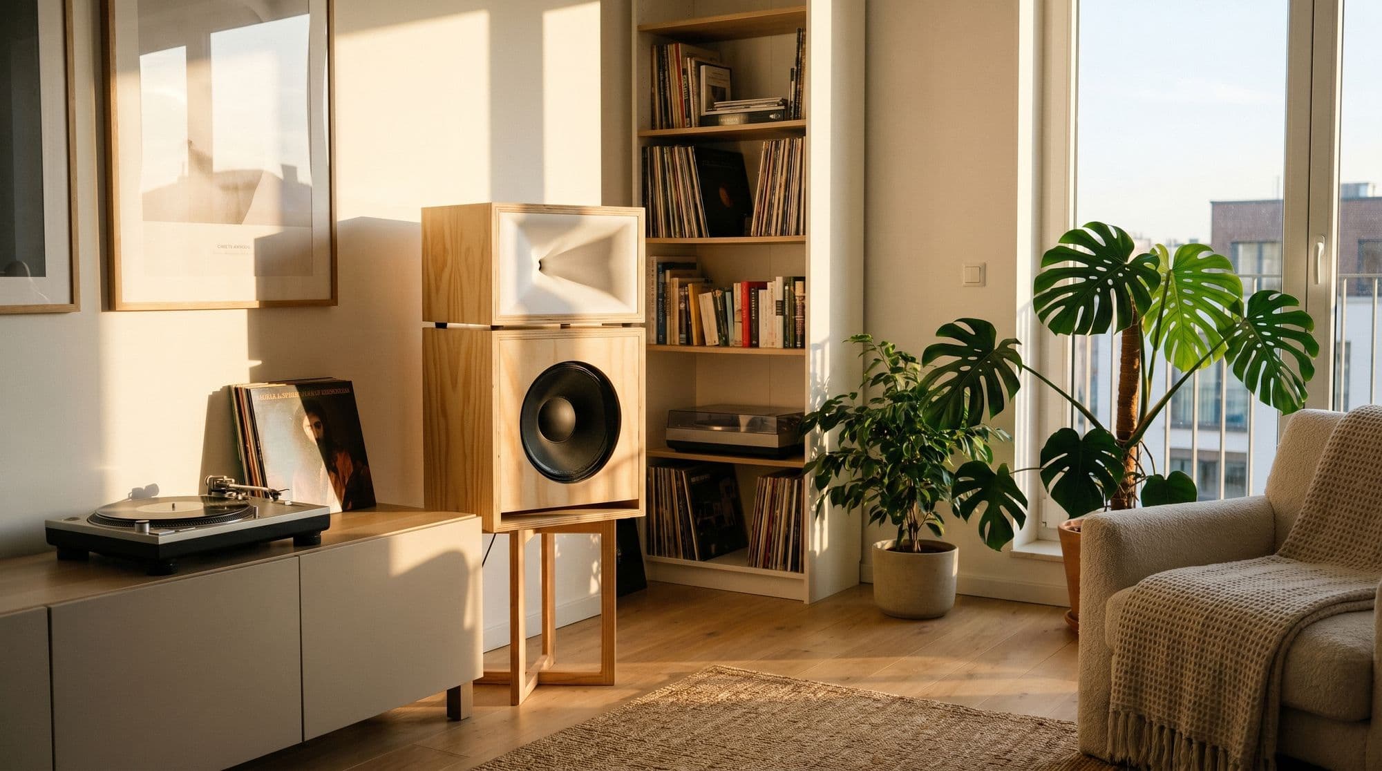 A pine Super horn beside a record shelf, evening sun