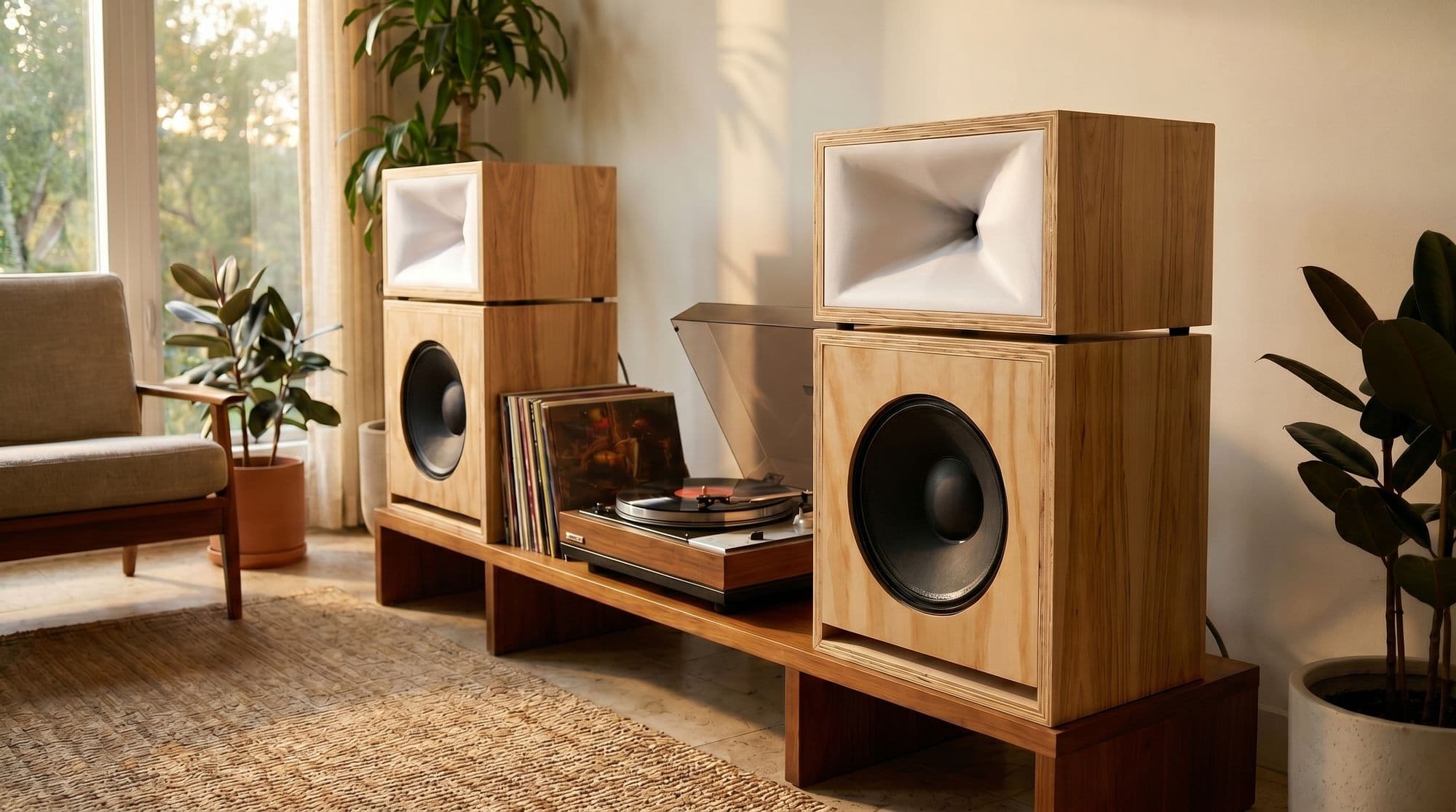 A pair of Super horns flanking a turntable console, golden hour