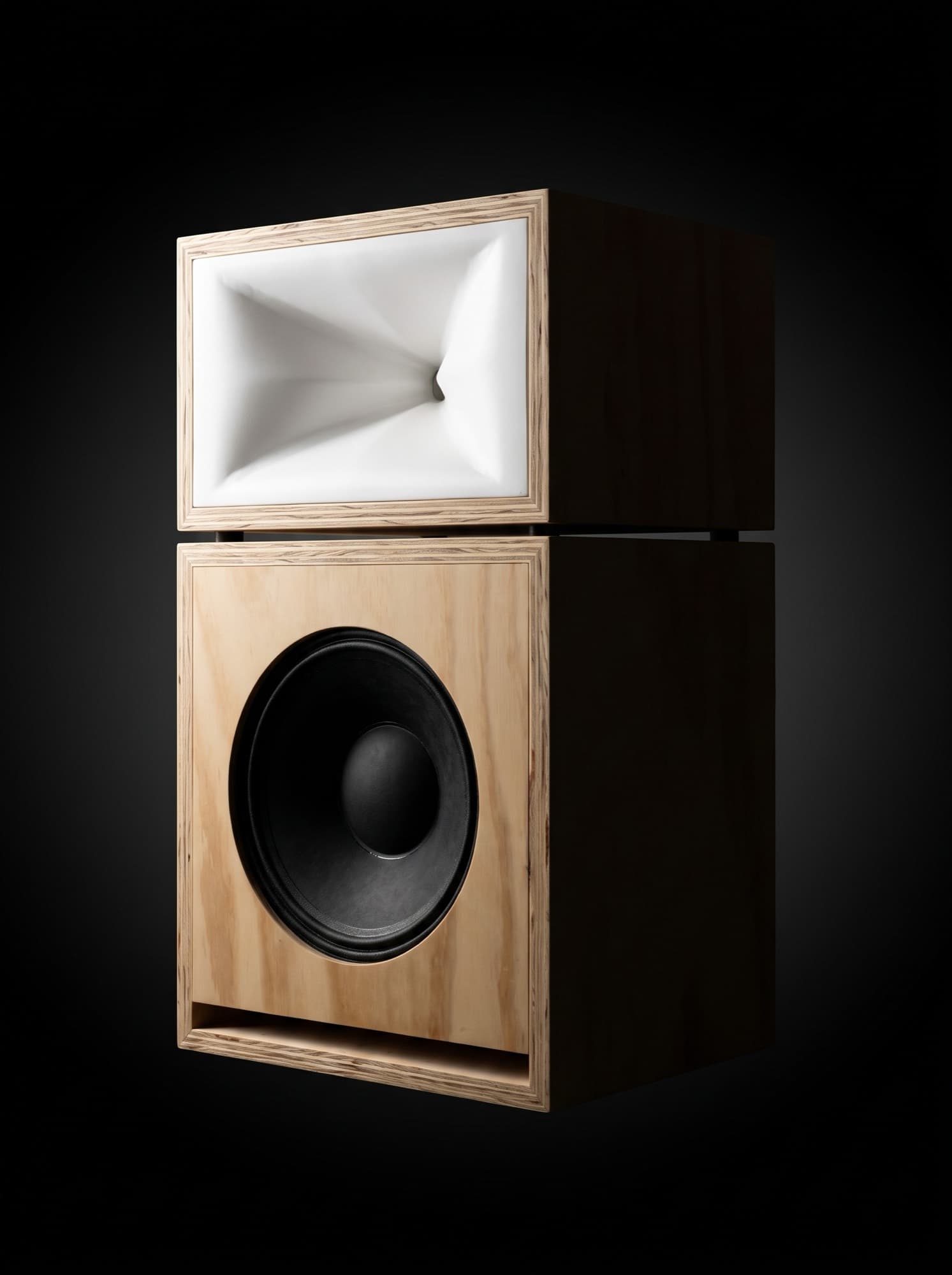 The Super horn's two cabinets stacked, front three-quarter, dark studio