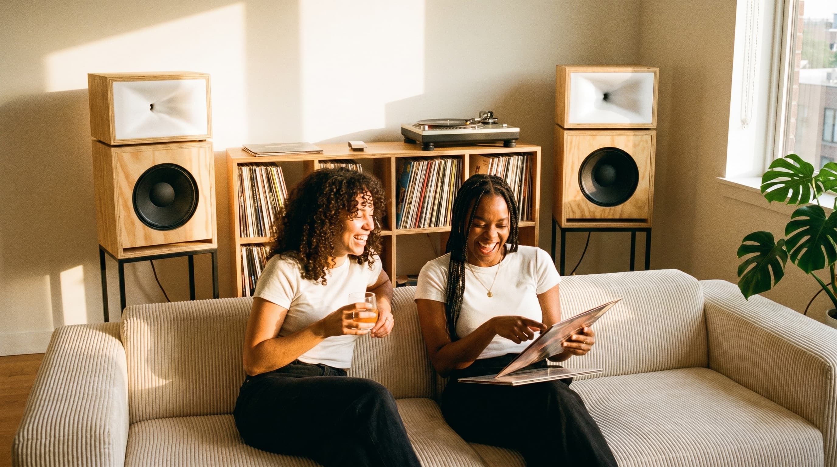 Friends listening together at home